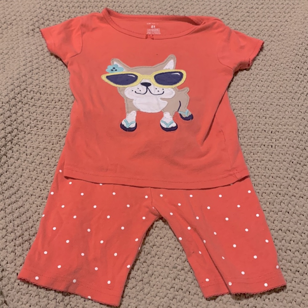 Carters 4T coral-colored “cool puppy” fitted pjs matching set